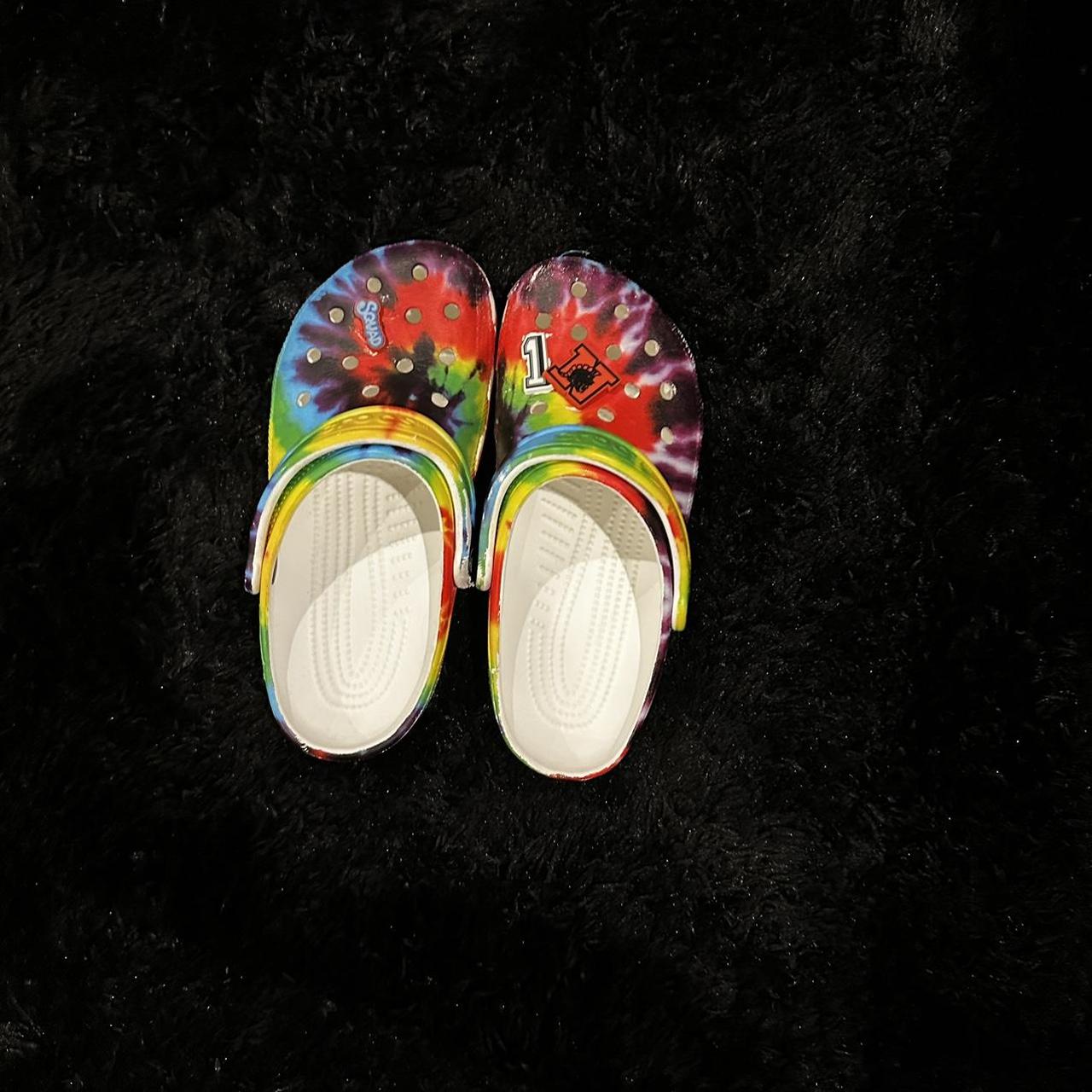 rainbow tie dye crocs comes with jibitz... - Depop