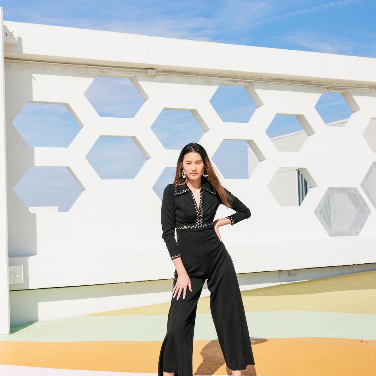 60s Black Silver Studded Long Sleeve Jumpsuit | Depop