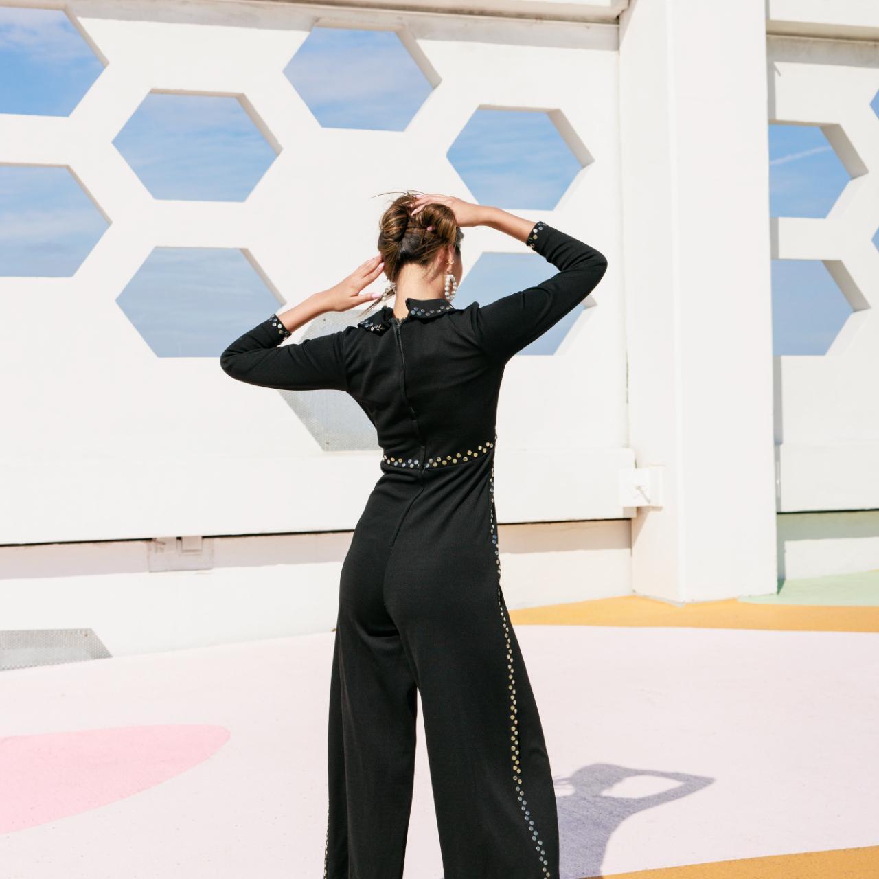 60s Black Silver Studded Long Sleeve Jumpsuit | Depop