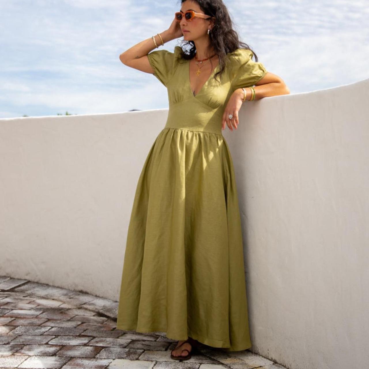 VRG GRL Paradiso Linen Midi Dress - Olive Size 8... - Depop