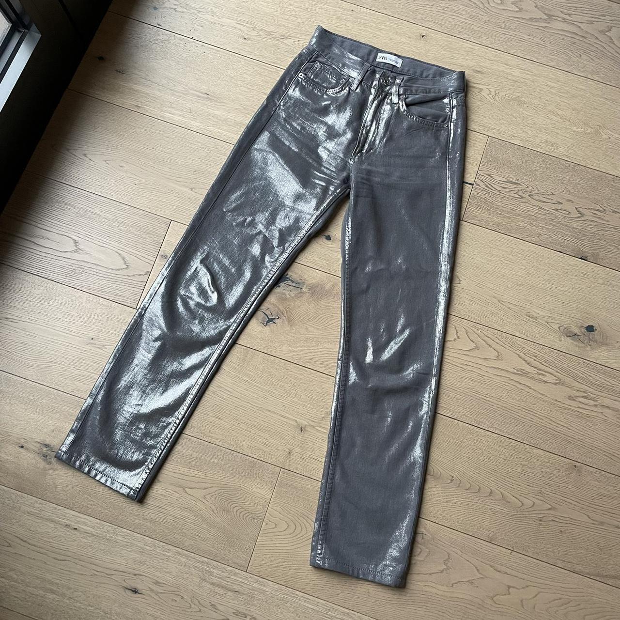 Zara full legs straight fit sequin trousers Grey... - Depop