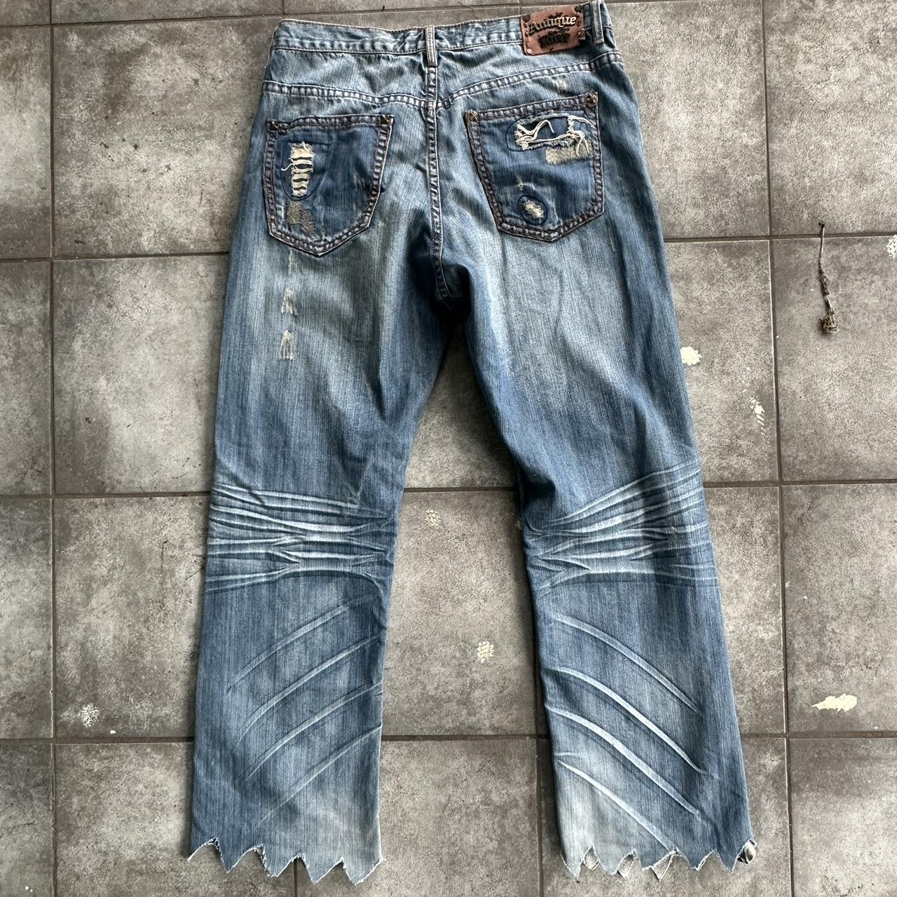 vintage distressed Antique Rivet jeans with patches... Depop