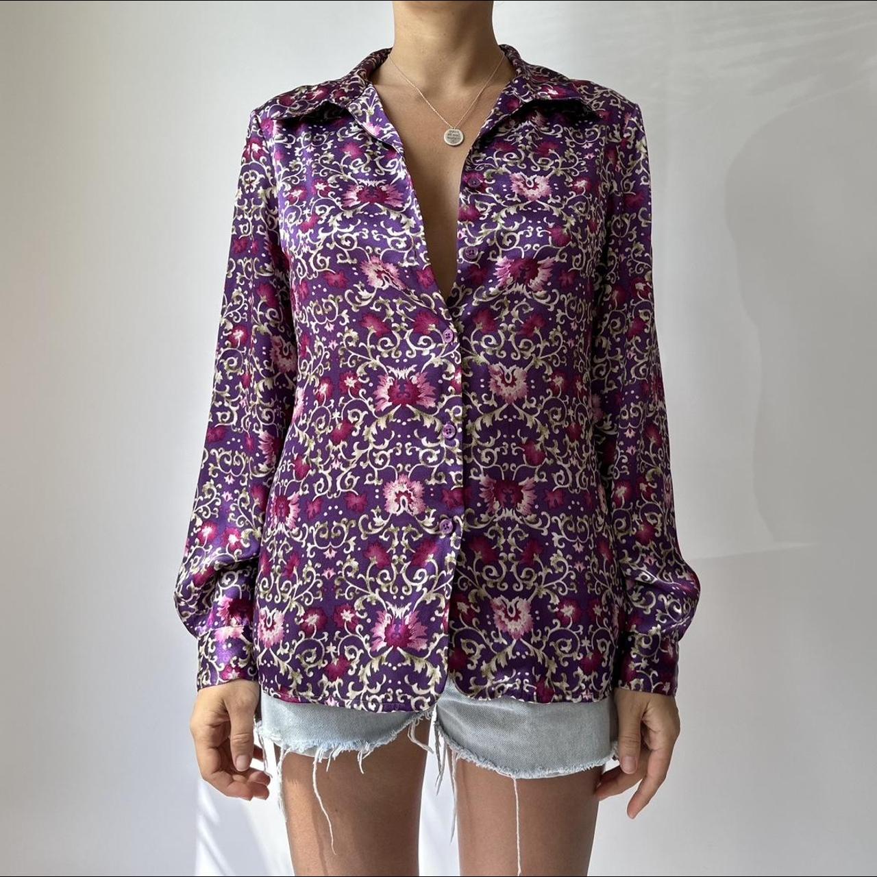 Vintage purple floral patterned satin long sleeve... - Depop