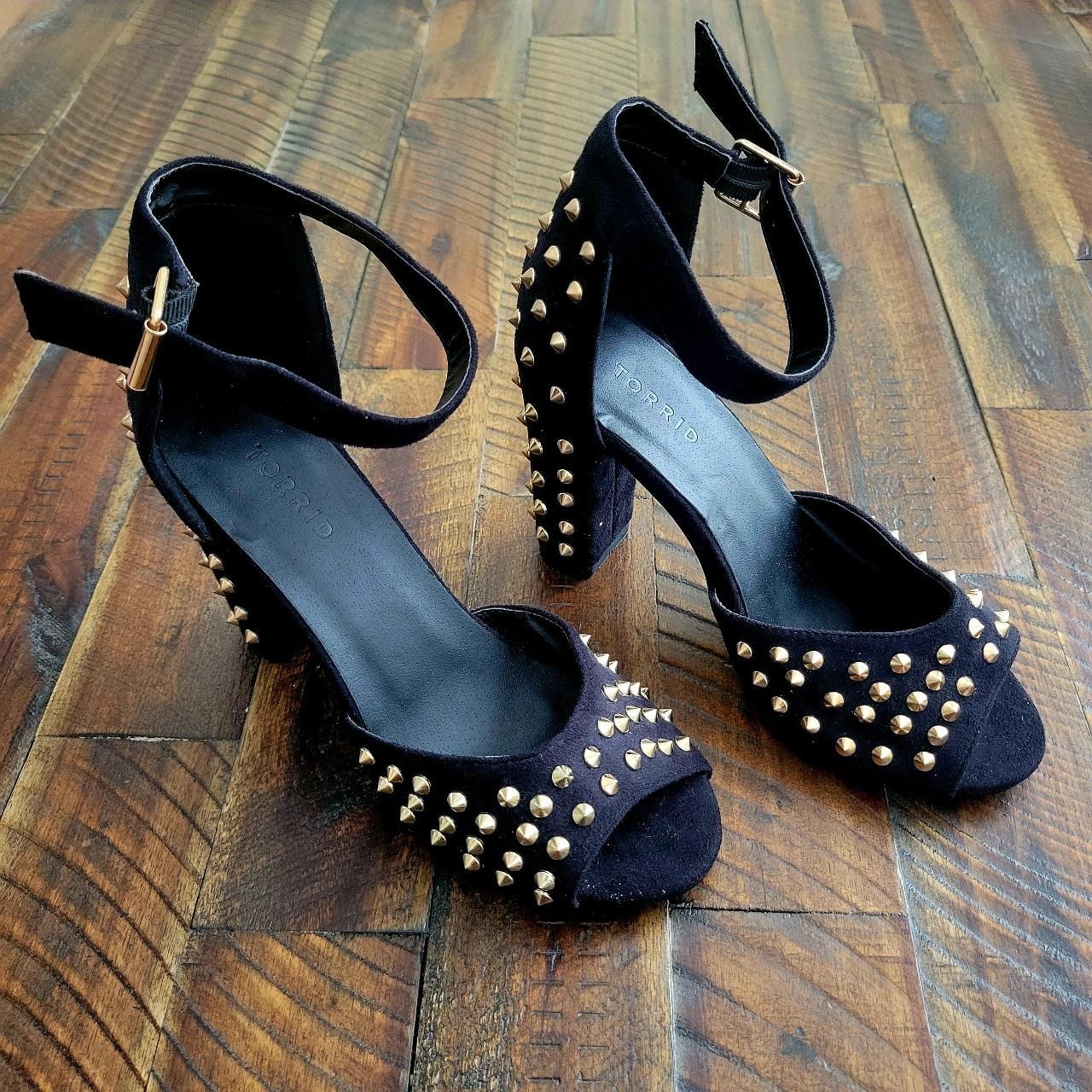 Rare TORRID Black Suede Strappy Heels w Gold Studs Depop