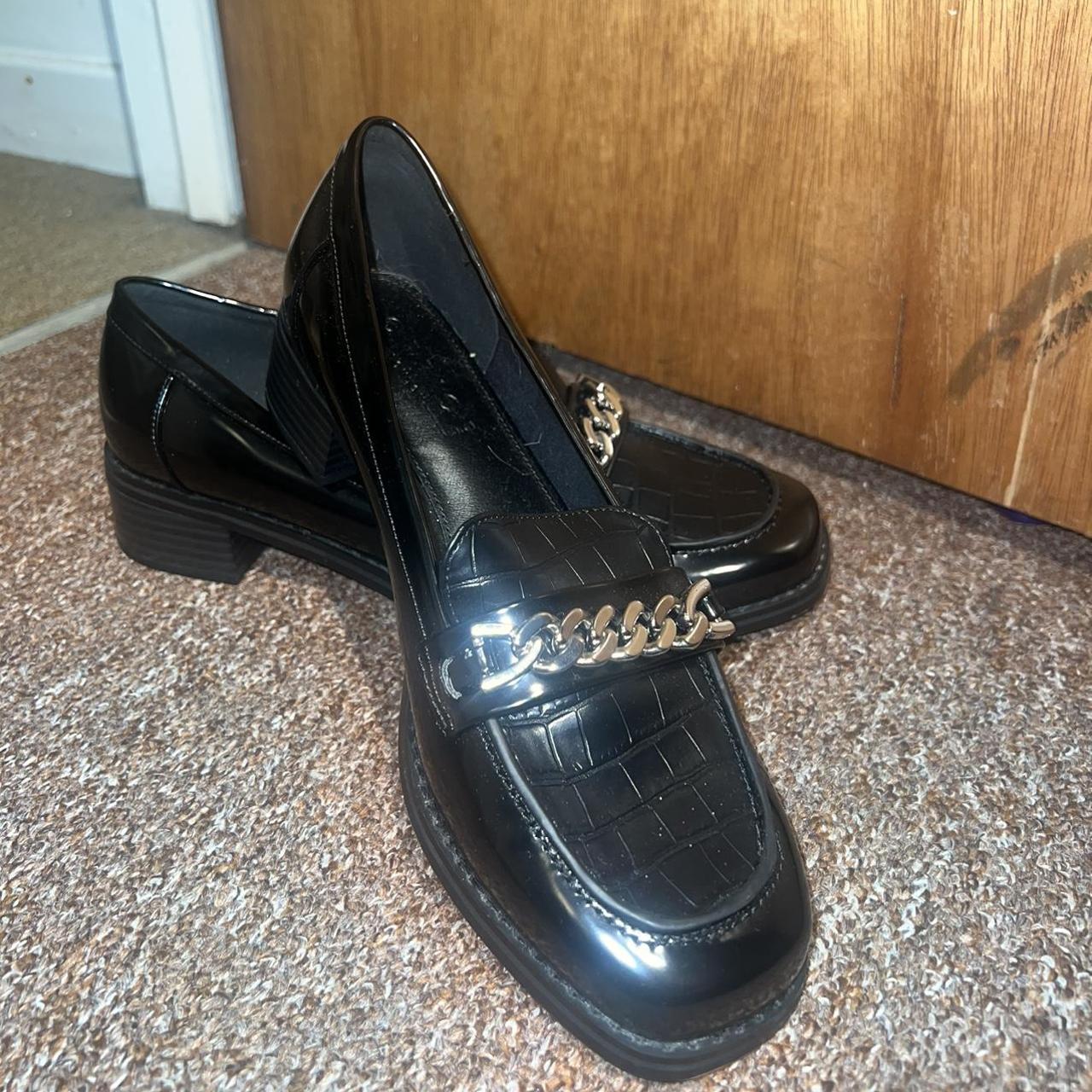 Office black loafers with gold chain detail with... Depop
