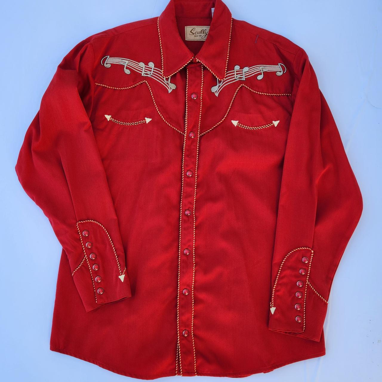 Men's red western shirt with gold embroidered... - Depop