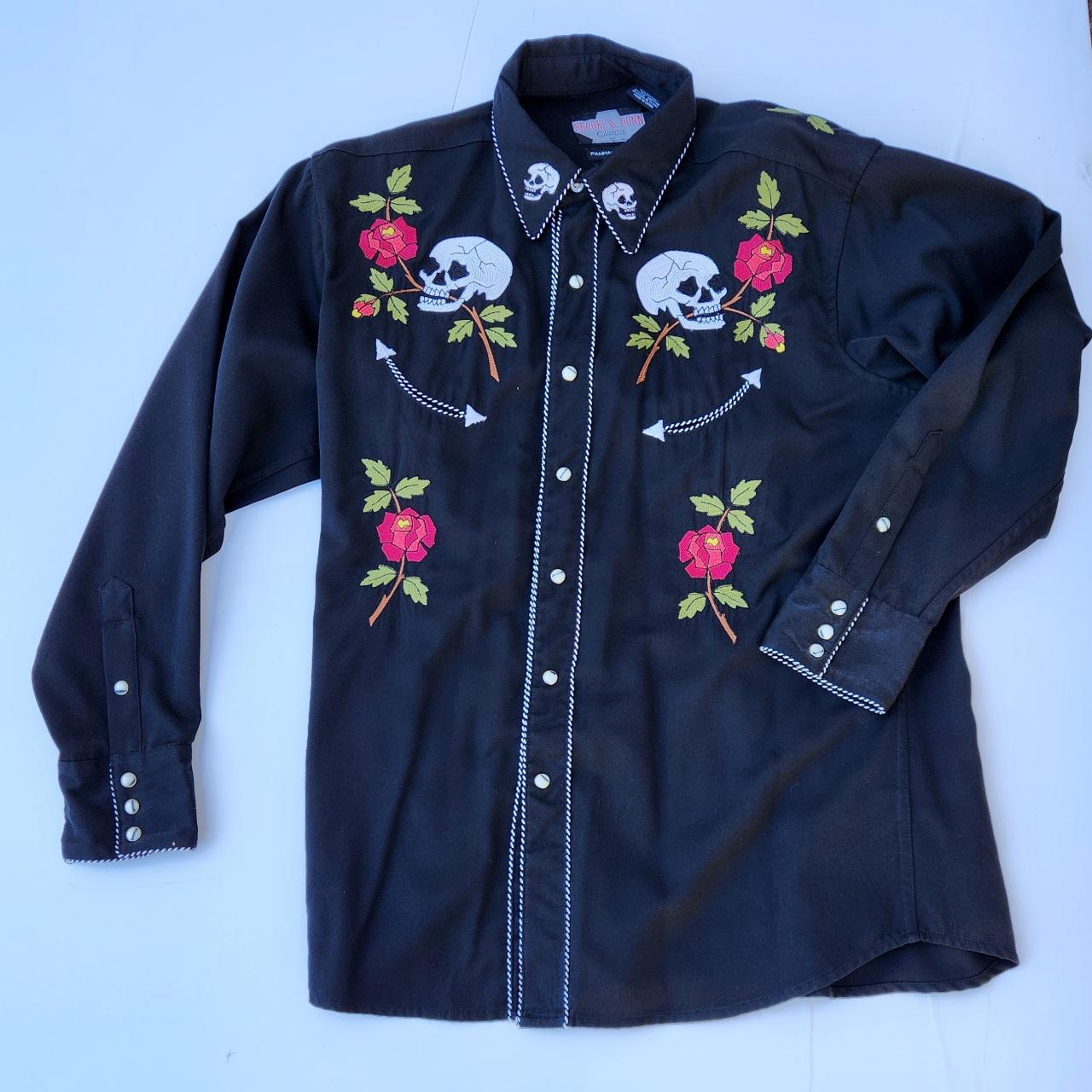 Men's black western shirt with skulls and flowers... - Depop