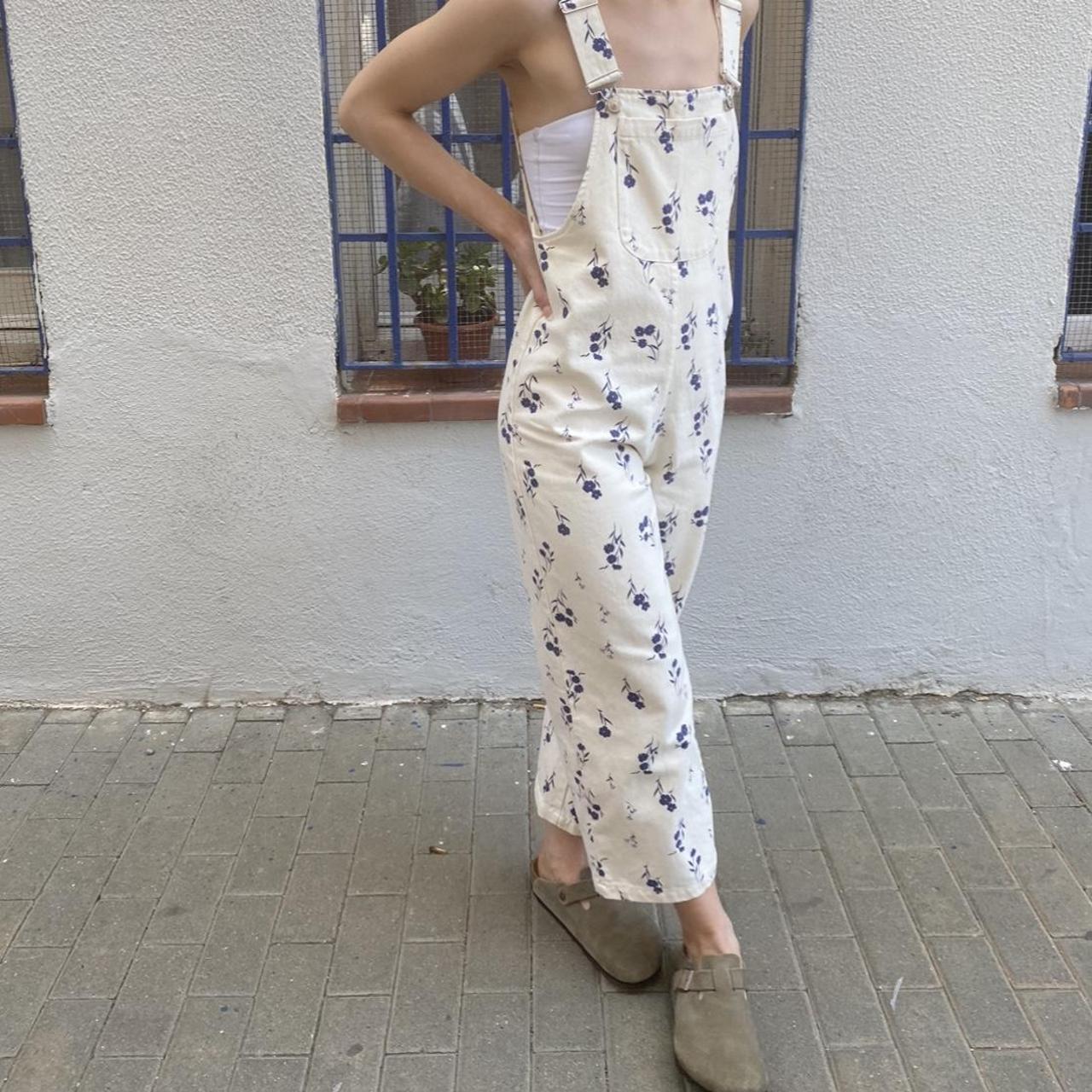 Zara Blue Floral Ecru Denim Overalls Jumpsuit The... Depop