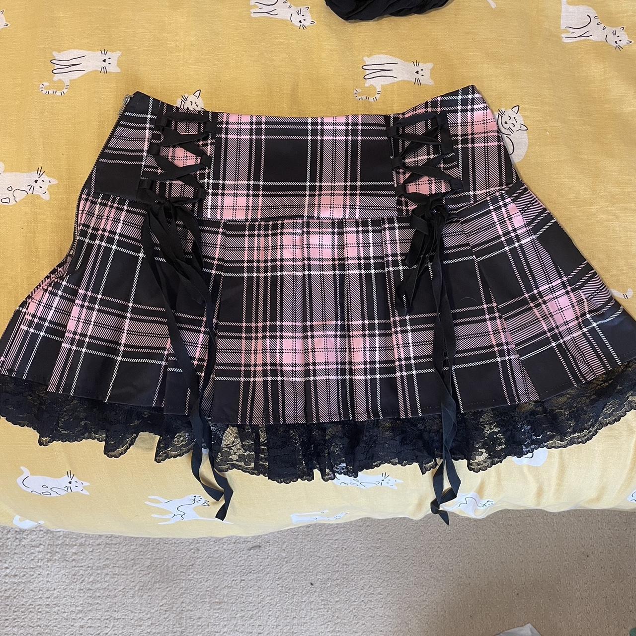 Pink and black plaid lace pleated skirt. Very... - Depop
