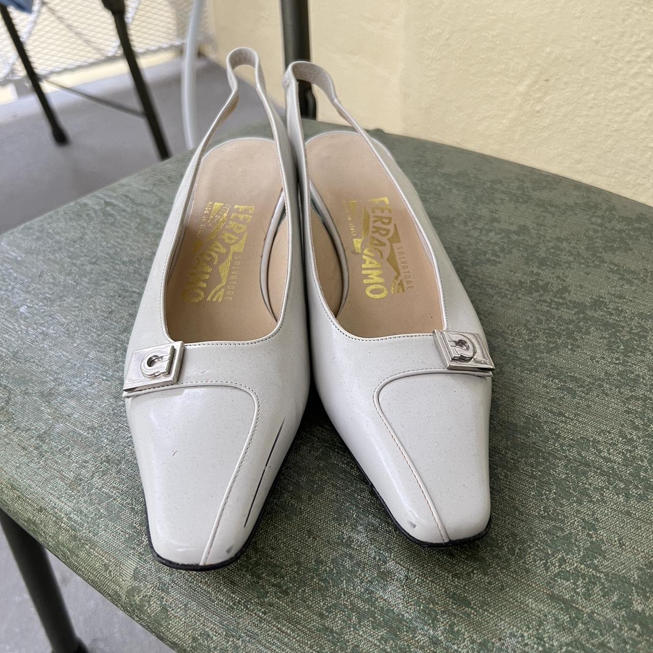 ferragamo cream kitten heels size 5, wear to soles... - Depop