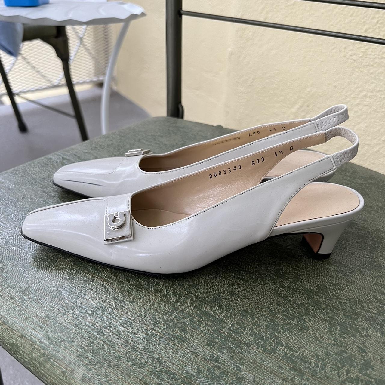 ferragamo cream kitten heels size 5, wear to soles... - Depop