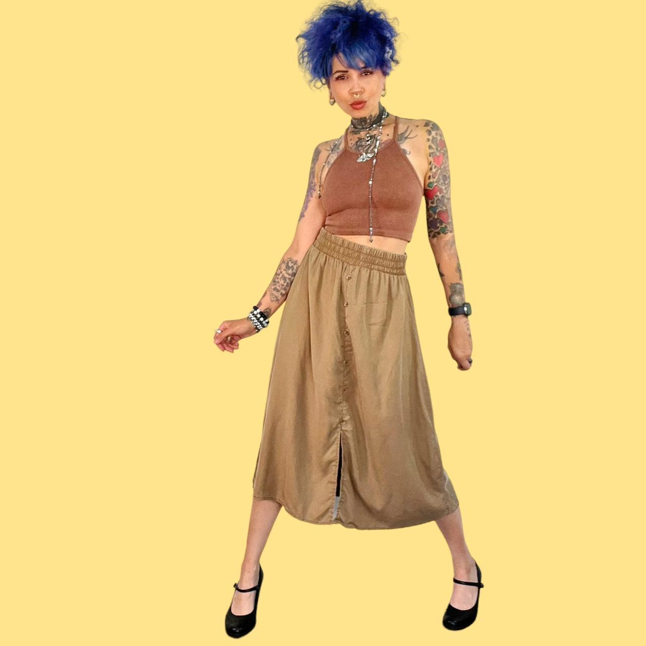 Pieces modest tan button front midi skirt w/elastic... Depop