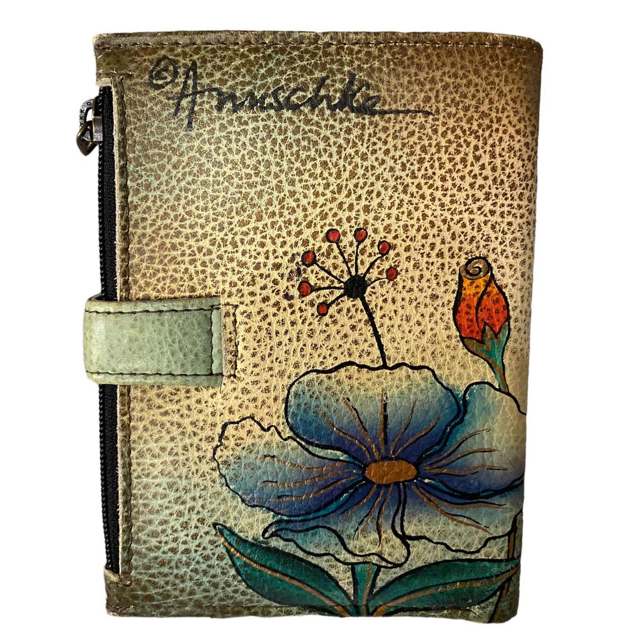 Anuschka Hand-Painted Leather Tri-Fold Wallet Flowers and Butterflies