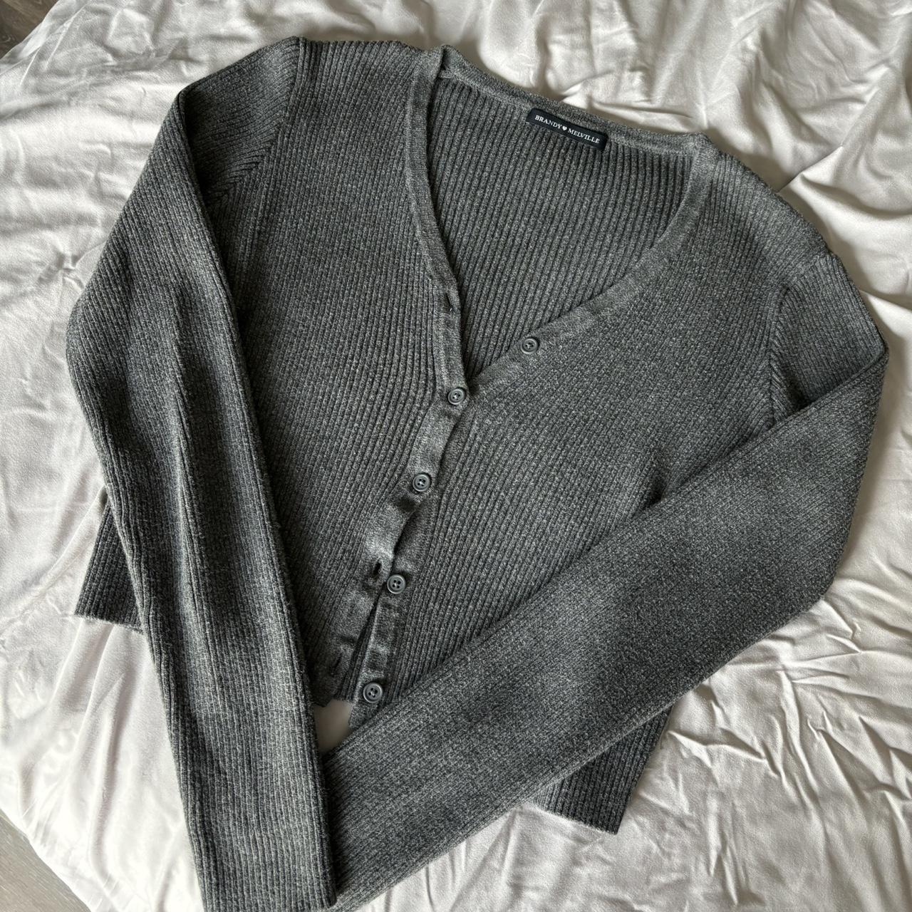 Brandy Melville grey knit button up cropped sweater... - Depop