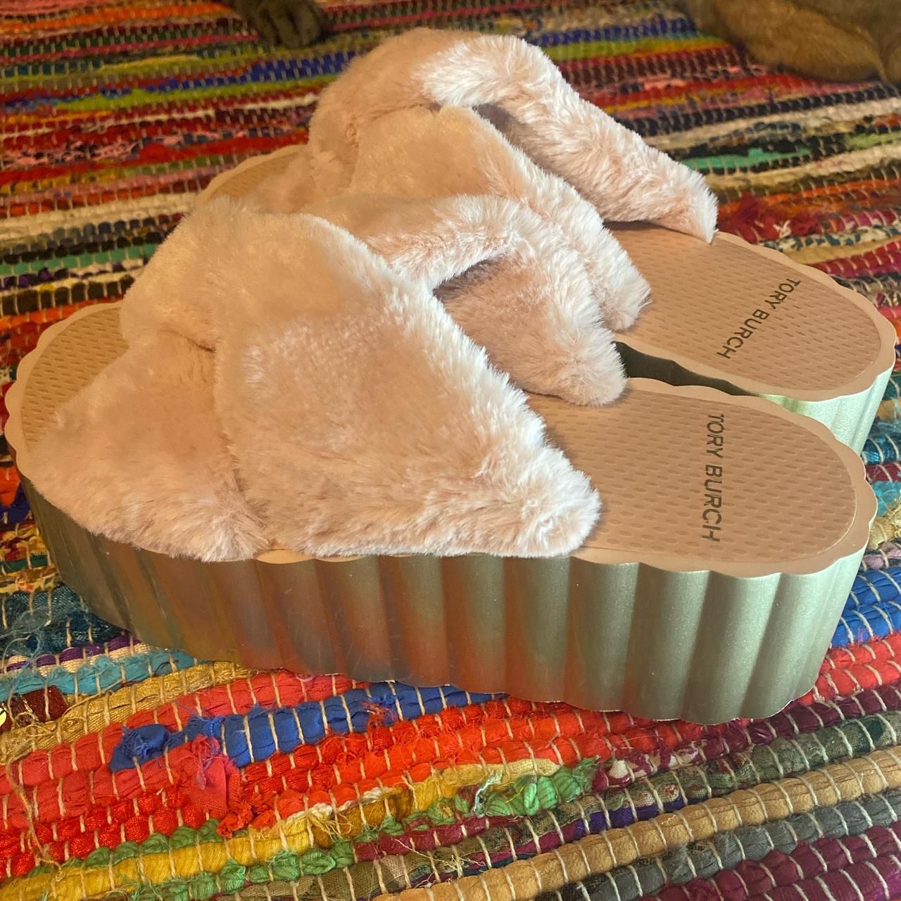 Tory Burch faux fur pink and gold scallop