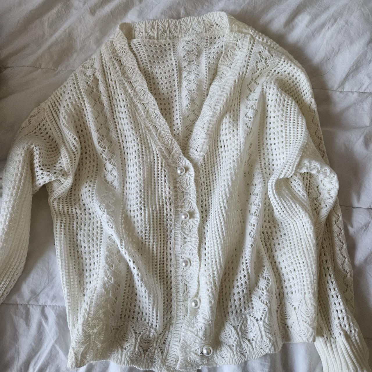 Knitted white cardigan with pearl like buttons. It... - Depop