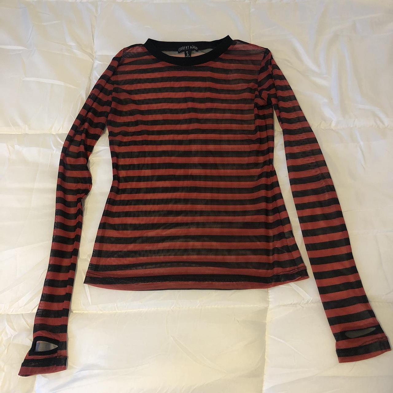 Red and black striped mesh top with thumb holes! An... - Depop