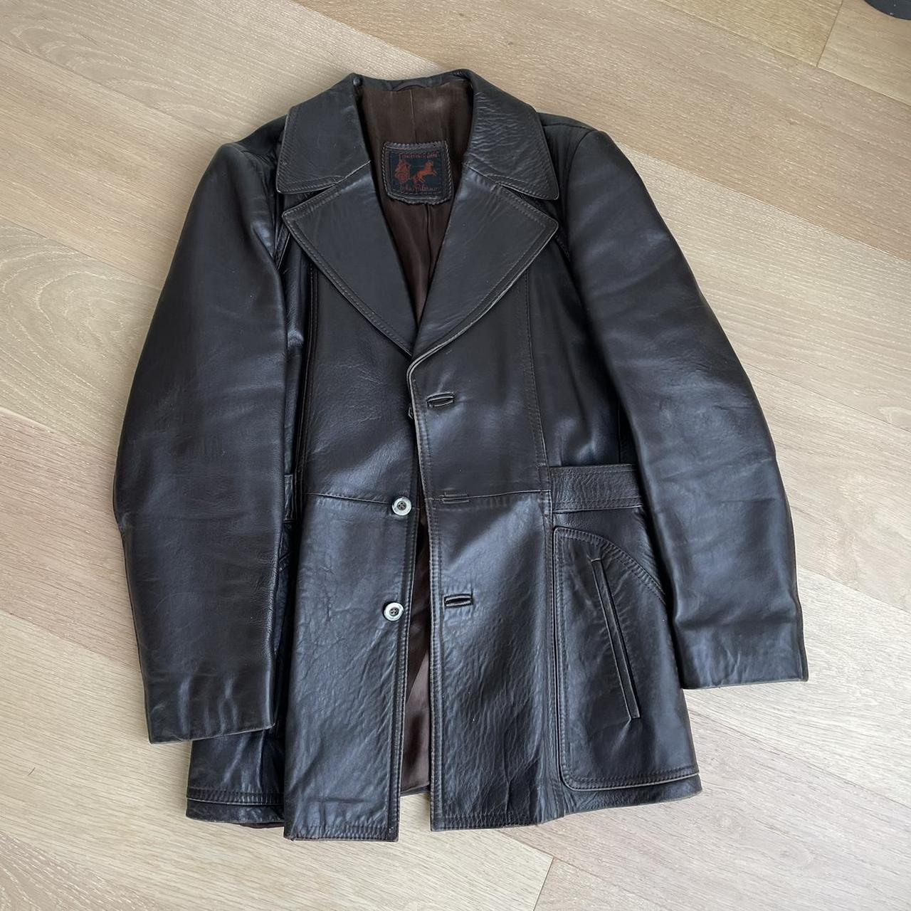 Stunning dark brown leather coat No size, shown on... - Depop