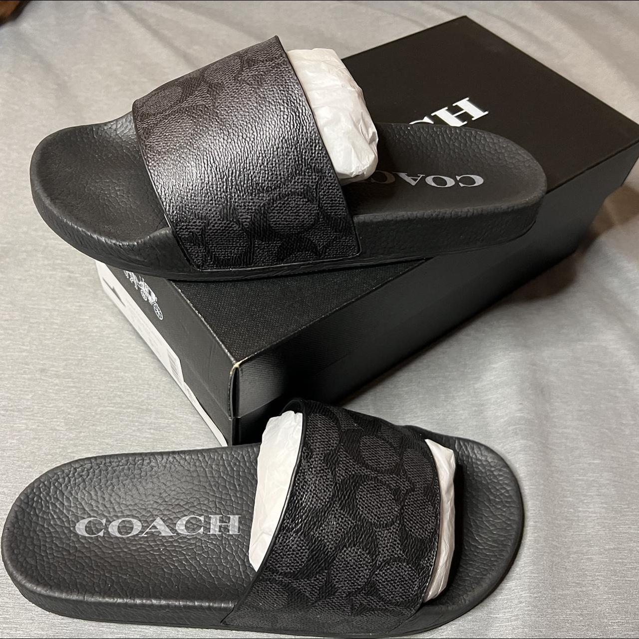 Coach Women's Black and Grey Slides | Depop