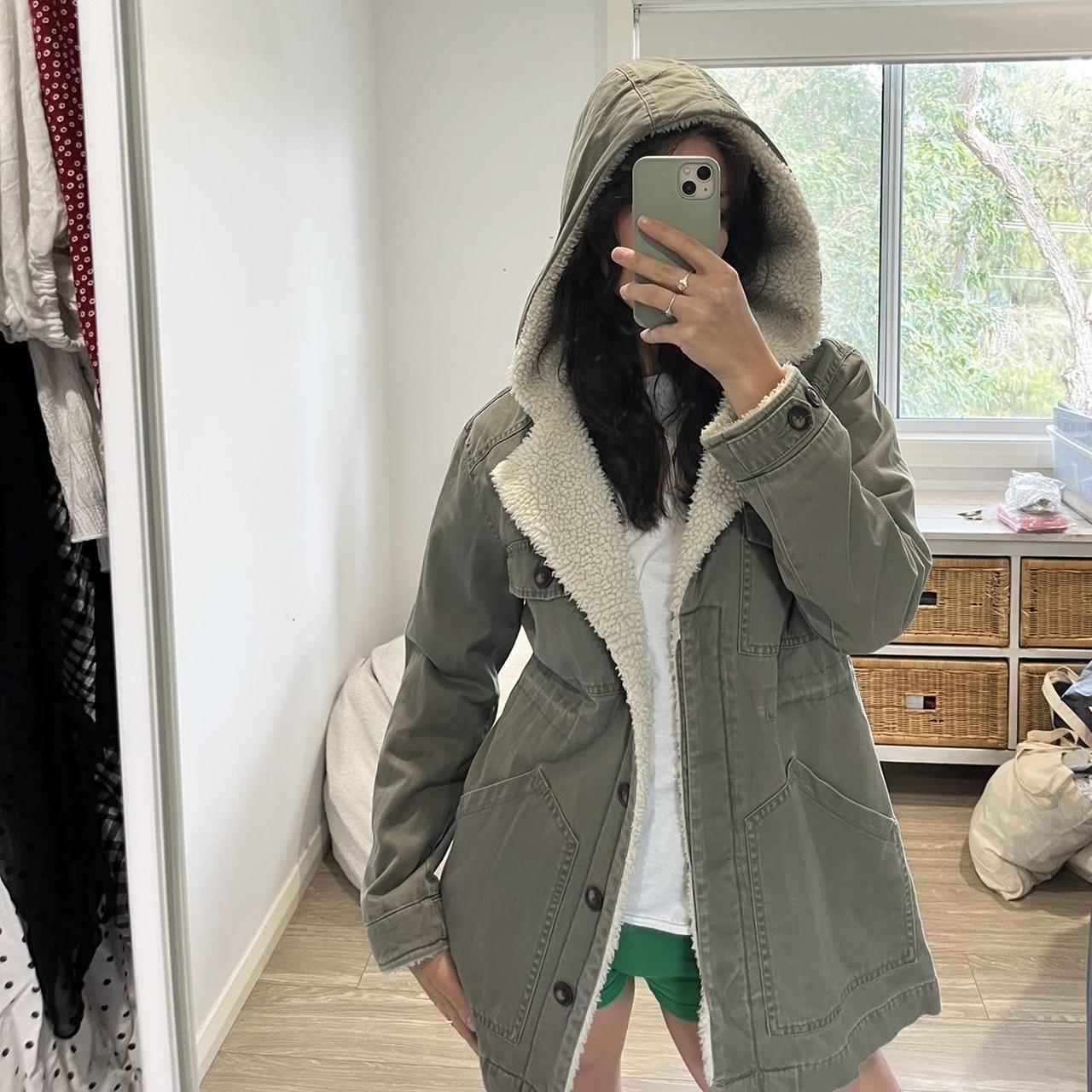 Olive green jacket with fur hood online