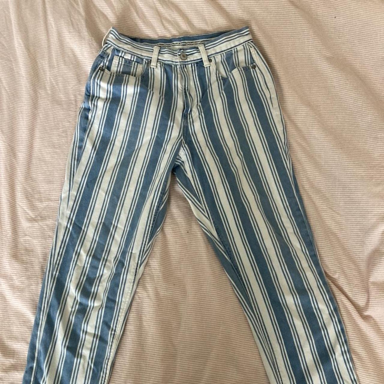 Blue and white store striped mom jeans