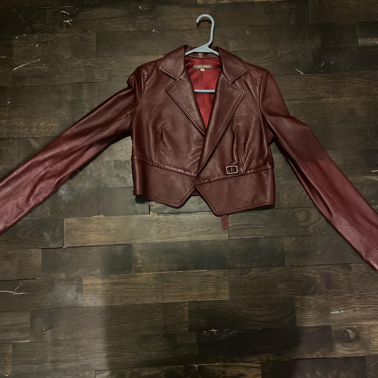 Cropped faux leather burgundy jacket large but fits M - Depop