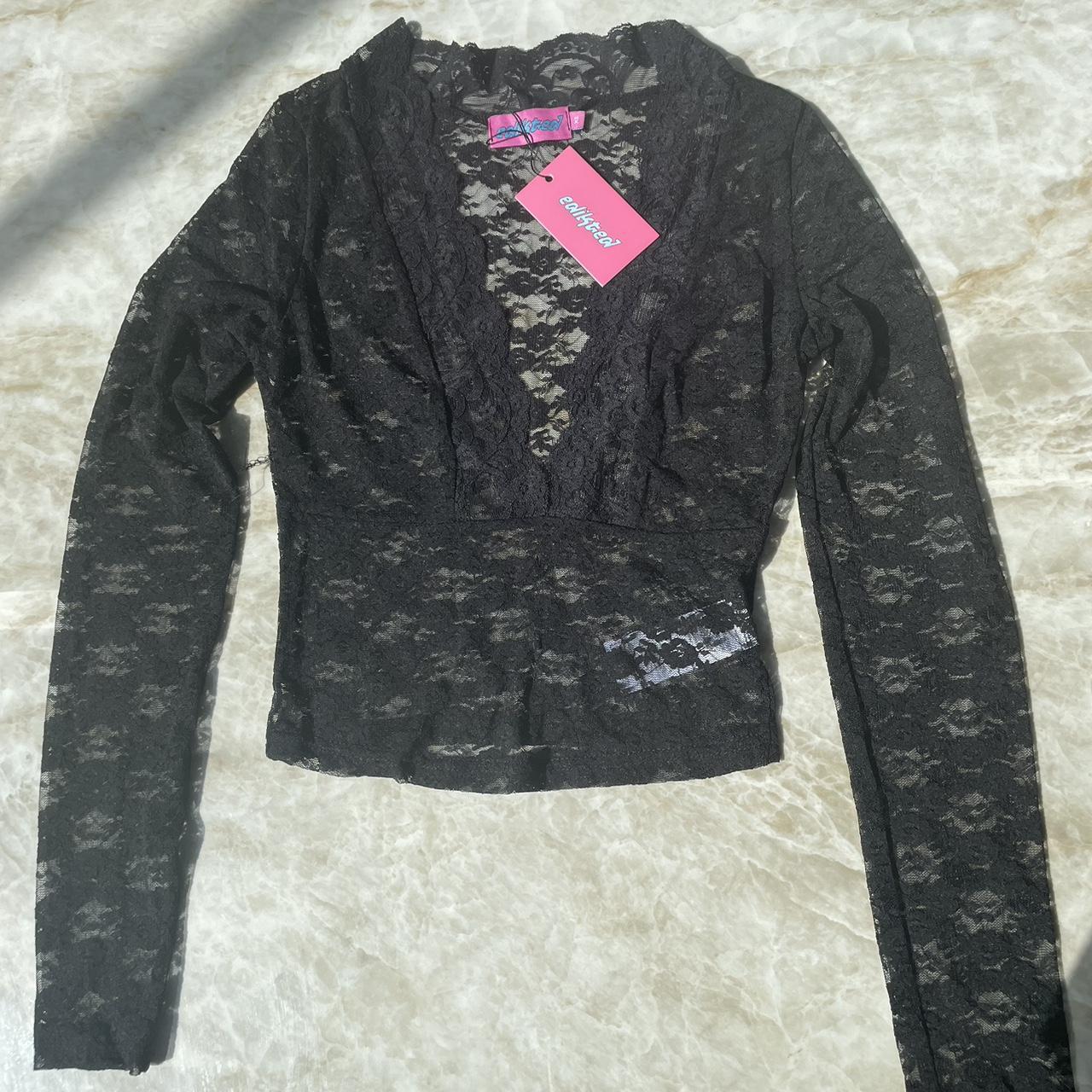 Black lace long sleeve top with a V-neck and lace... - Depop