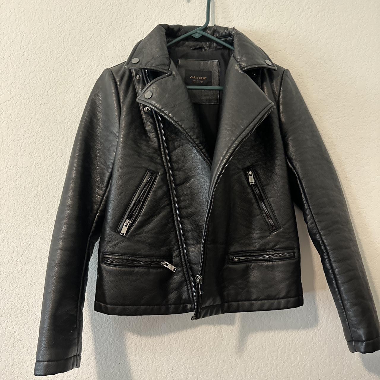 Zara black leather jacket Size M Wear on the collar... - Depop