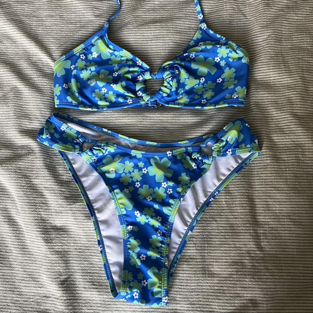 Blue And Green Floral Swimsuit With Heart Shaped - Depop