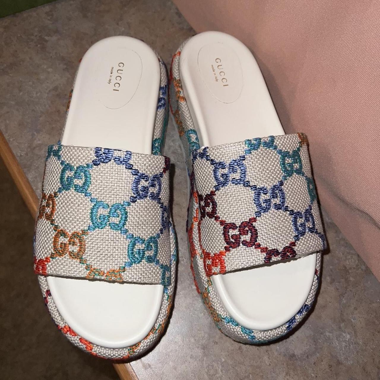 Authentic GUCCI slides Rainbow logo embroidered... - Depop