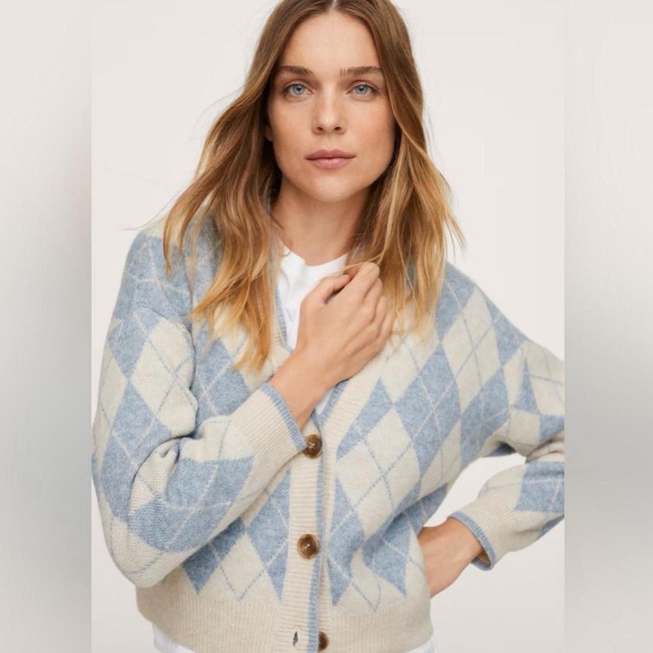 Mango Women's Cardigan - Blue/Multi - M – Mango Knitted Cardigan - Blue Checkered Size …