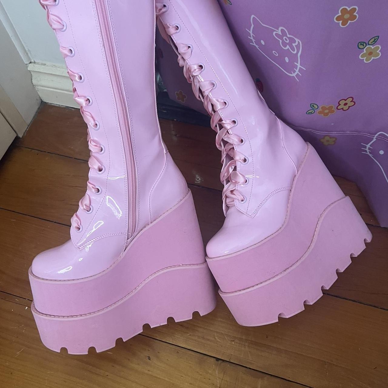 🎀 Sugar Thrillz Baby Pink Platform Boots With Ribbon - Depop