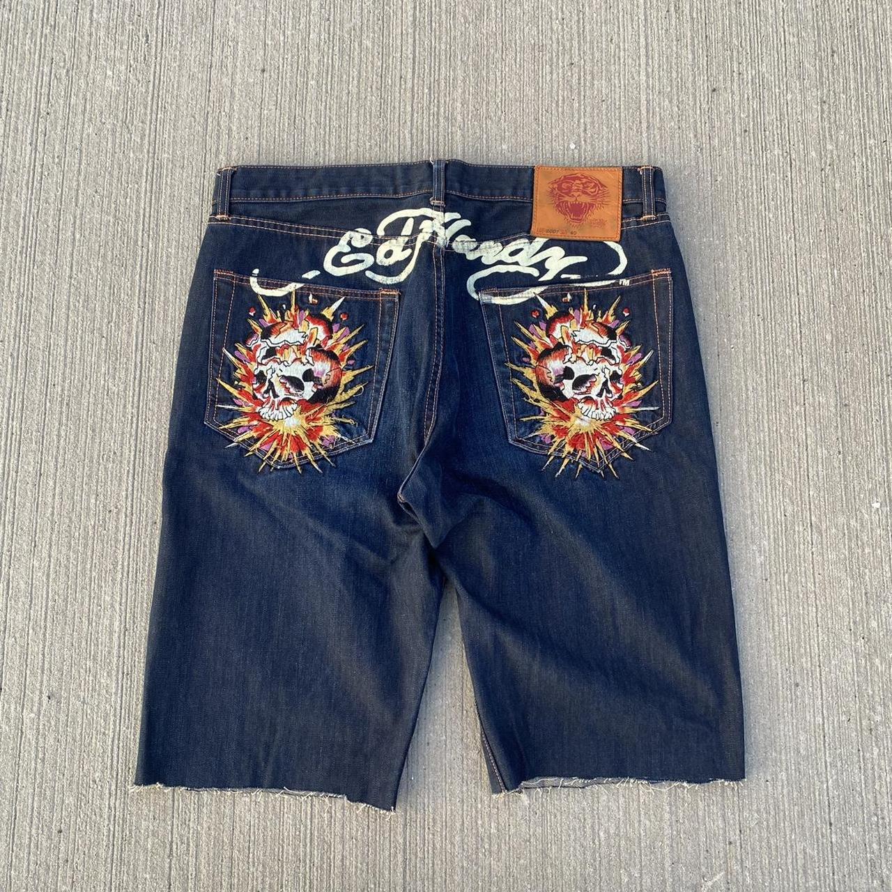 Baggy Ed Hardy Jorts Y2K Embroidered Shorts Cut Off... - Depop