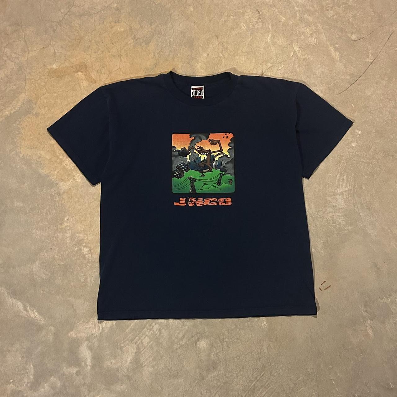 売約済【90s古着】jnco jeans print T-shirt XL Vintage 90s Jnco Jeans T Shirt Big Rig Black USA Made Size