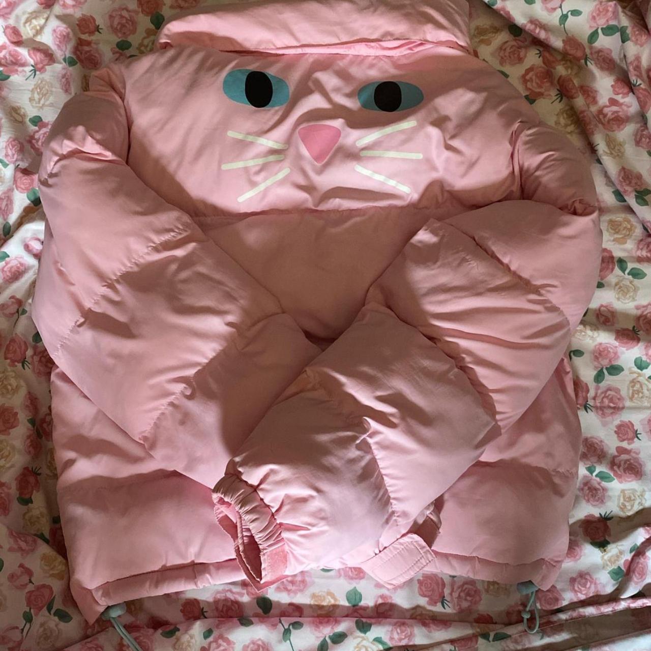 Lazy Oaf cat printed pink puffer jacket with hood, | Depop