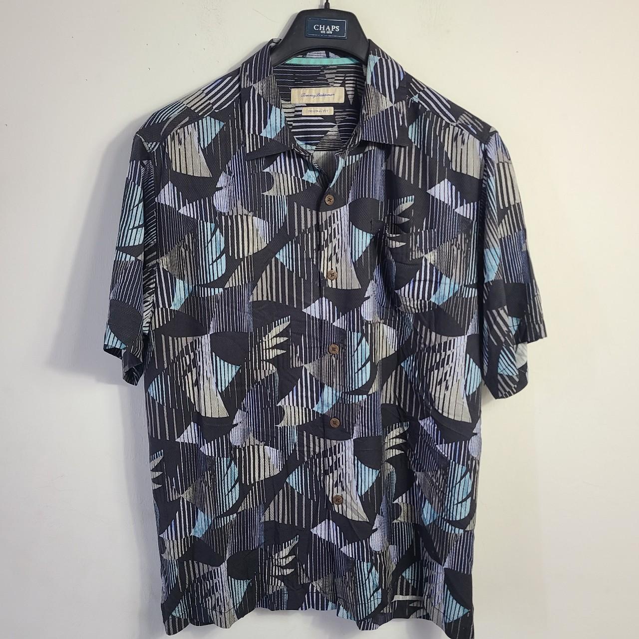 Y2K Men's Tommy Bahama Black Grey & Teal Silk Short... - Depop