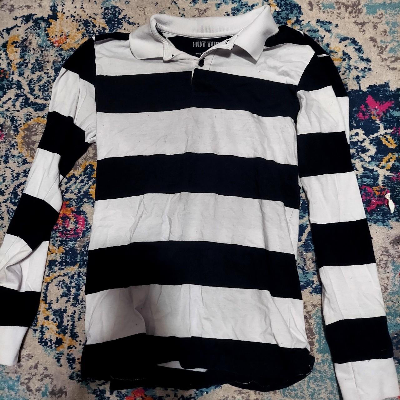 Black and White Stripped Long Sleeve Polo - Depop