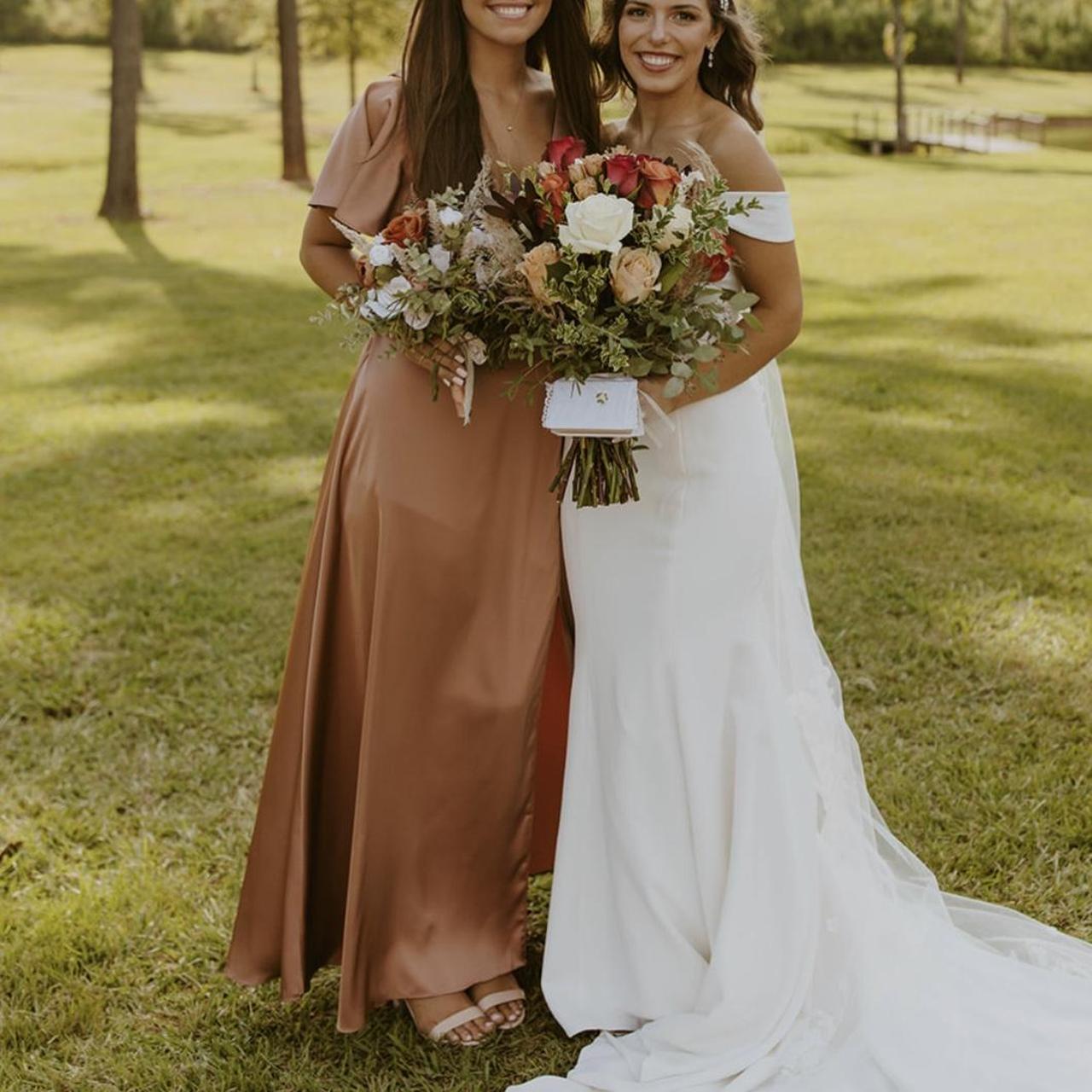 Azazie Flowy Earth Tone Copper V Neck Prom Dress... | Depop