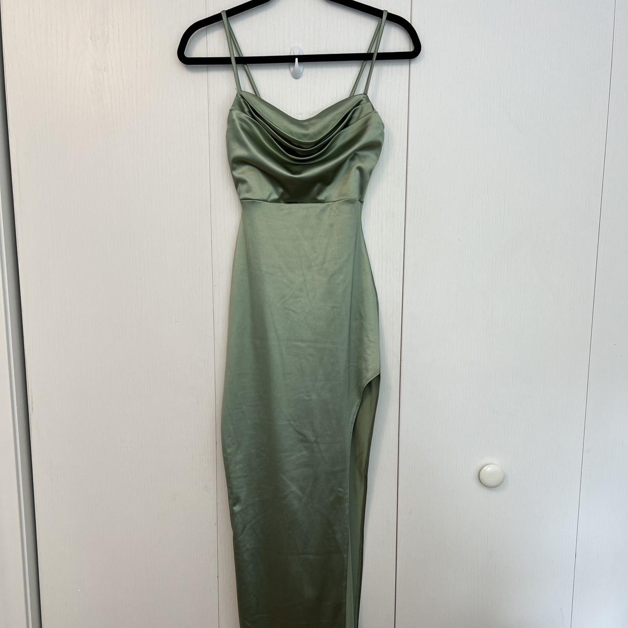 windsor light green satin side slit prom dress size... - Depop