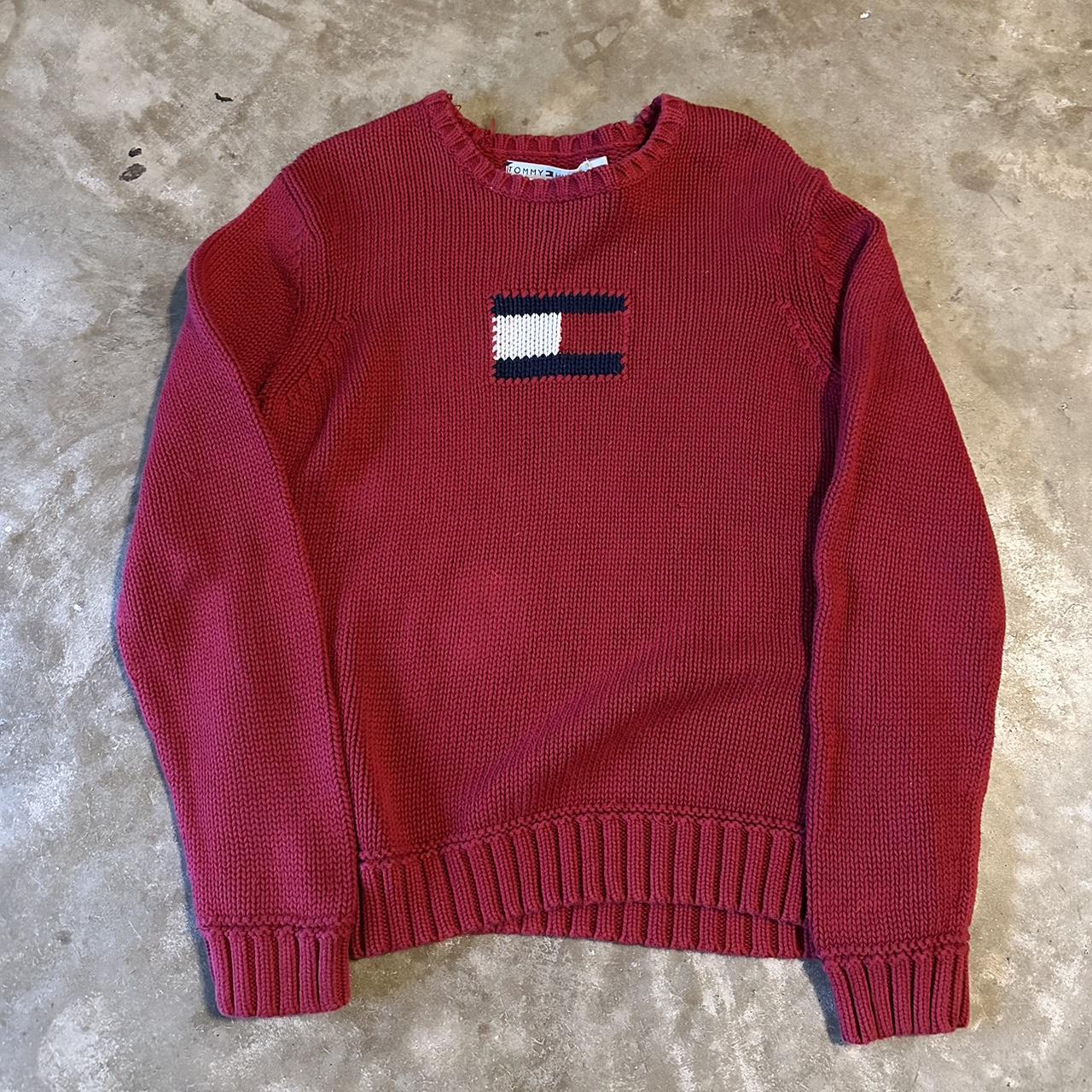 Vintage Tommy Hilfiger Knit Flag Sweater Pit to... - Depop