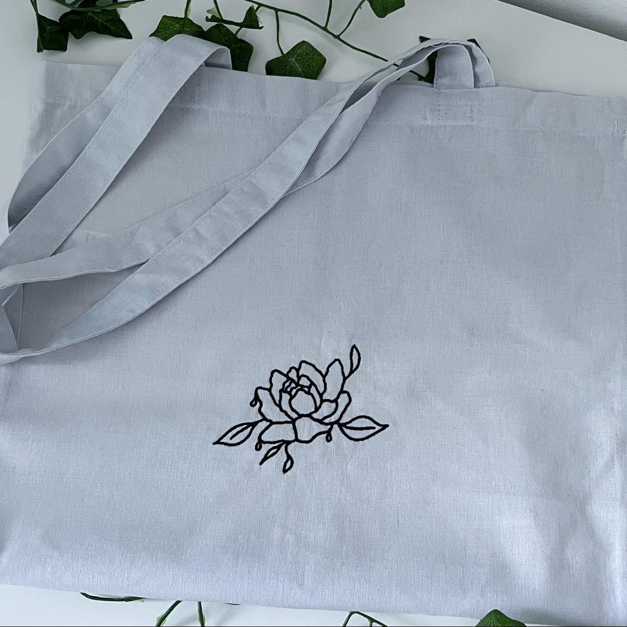 Grey floral embroidered tote bag hotsell