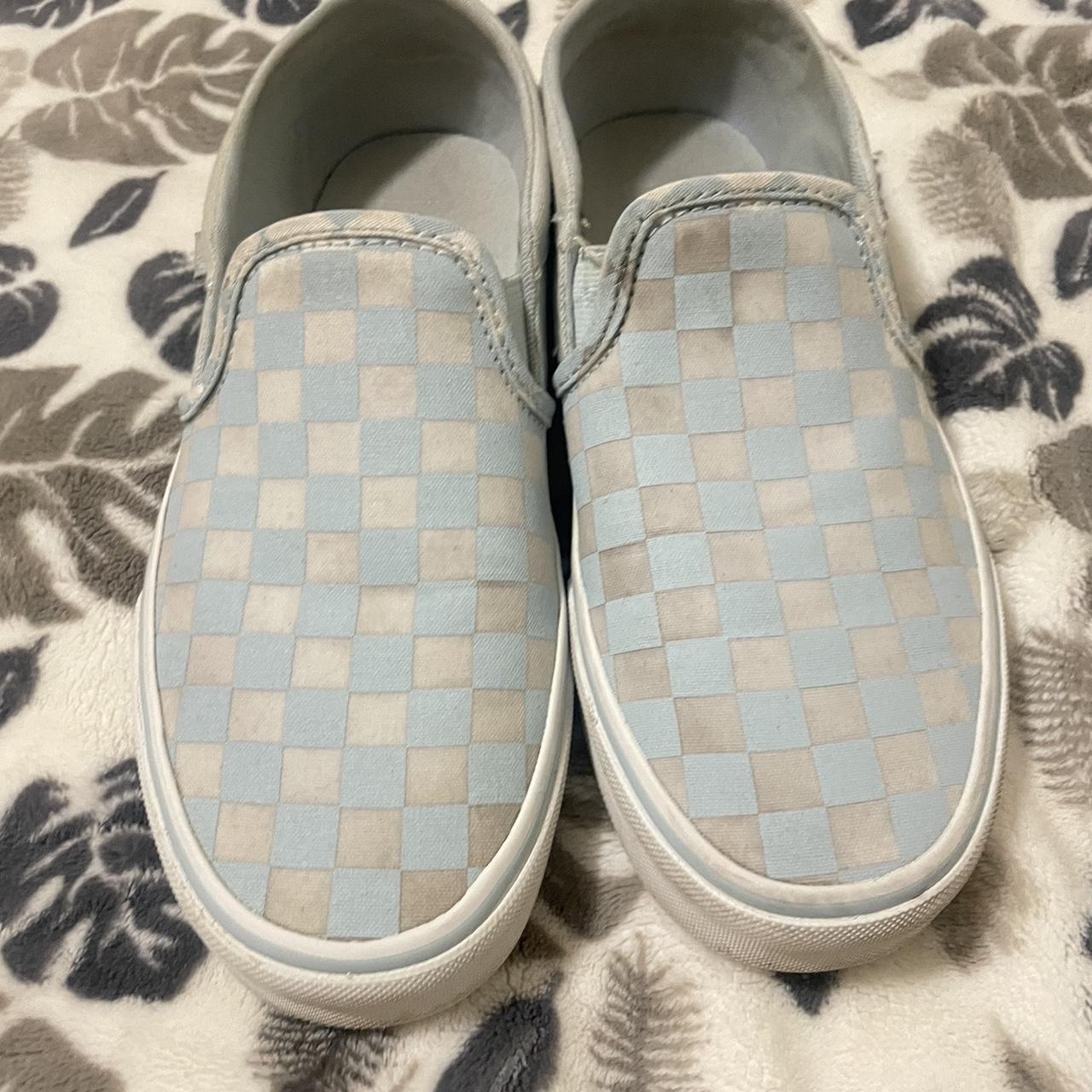 Light blue checkered outlet vans slip ons