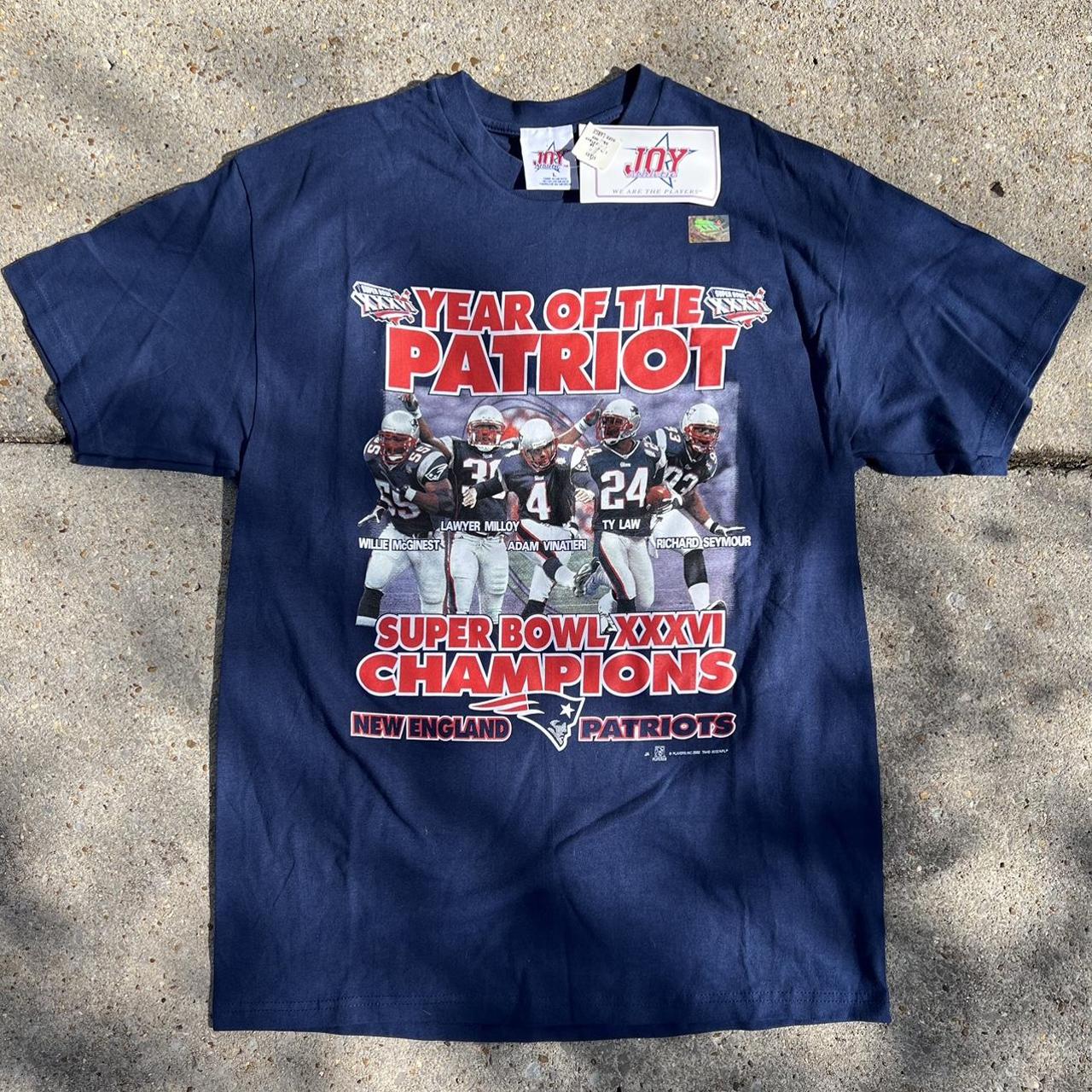 2002 LAW MILLOY PHOTO NEW ENGLAND PATRIOTS SUPER BOWL XXXVI 36 SHIRT NEW  CHAMPS