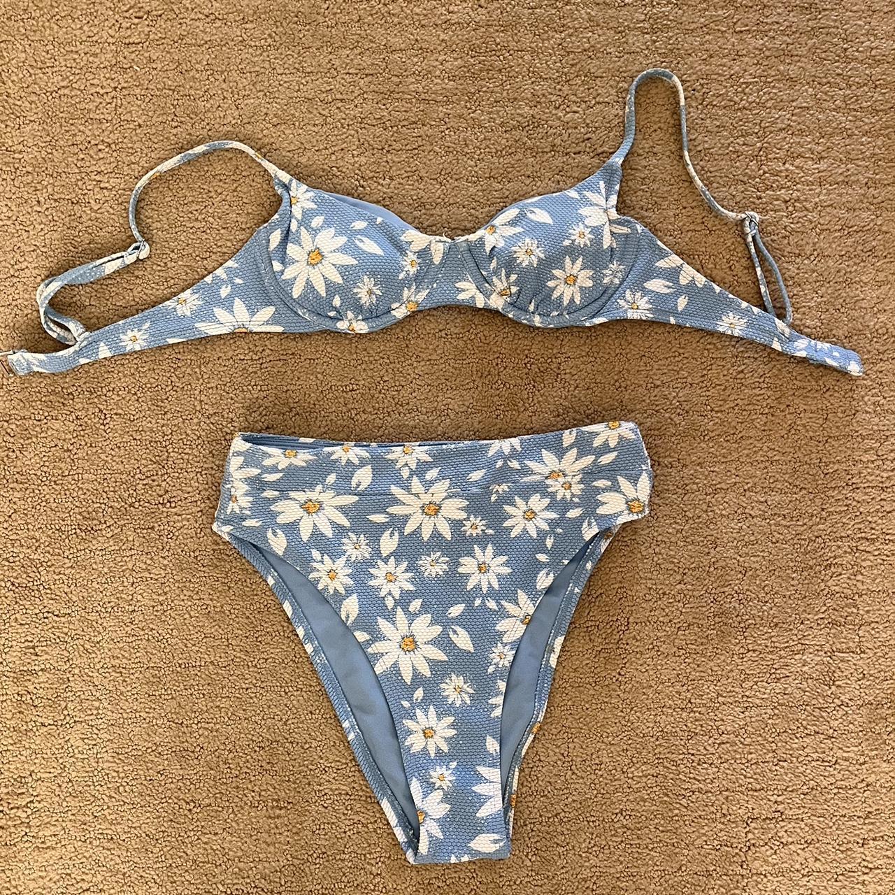blue balconette bikini set w flowers #bikini... - Depop