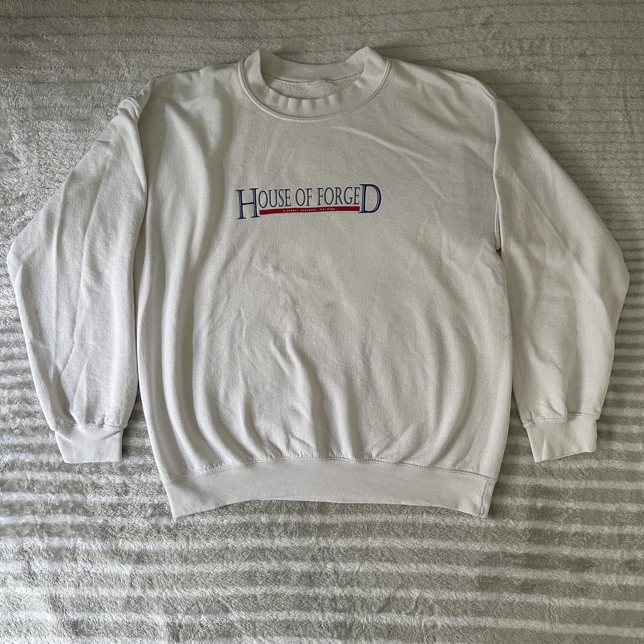 White sweatshirt with blue writing Clearance