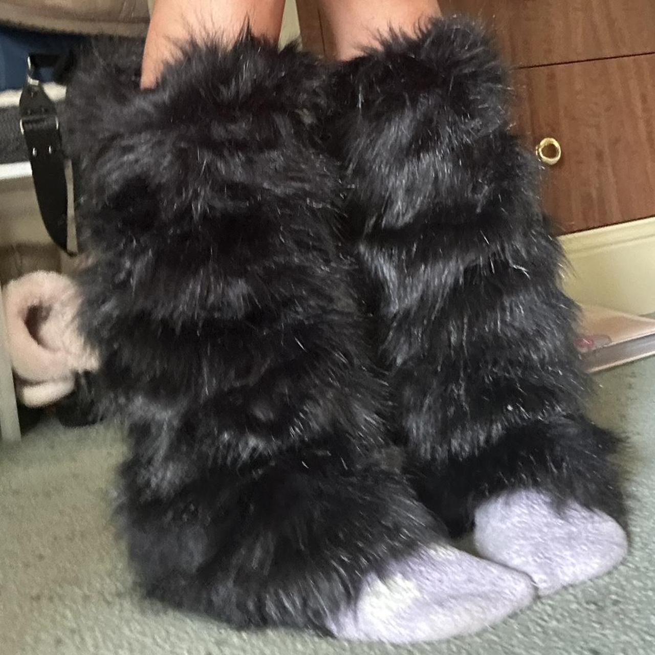 FURRY LEG WARMERS hand made Faux fur Black Purfect... - Depop