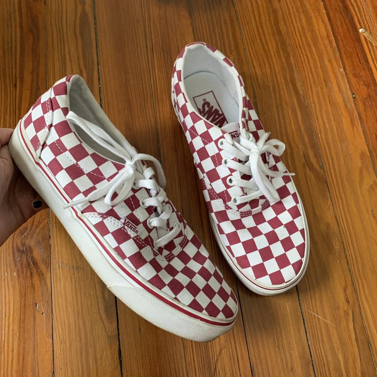 Burgundy and white store checkered vans