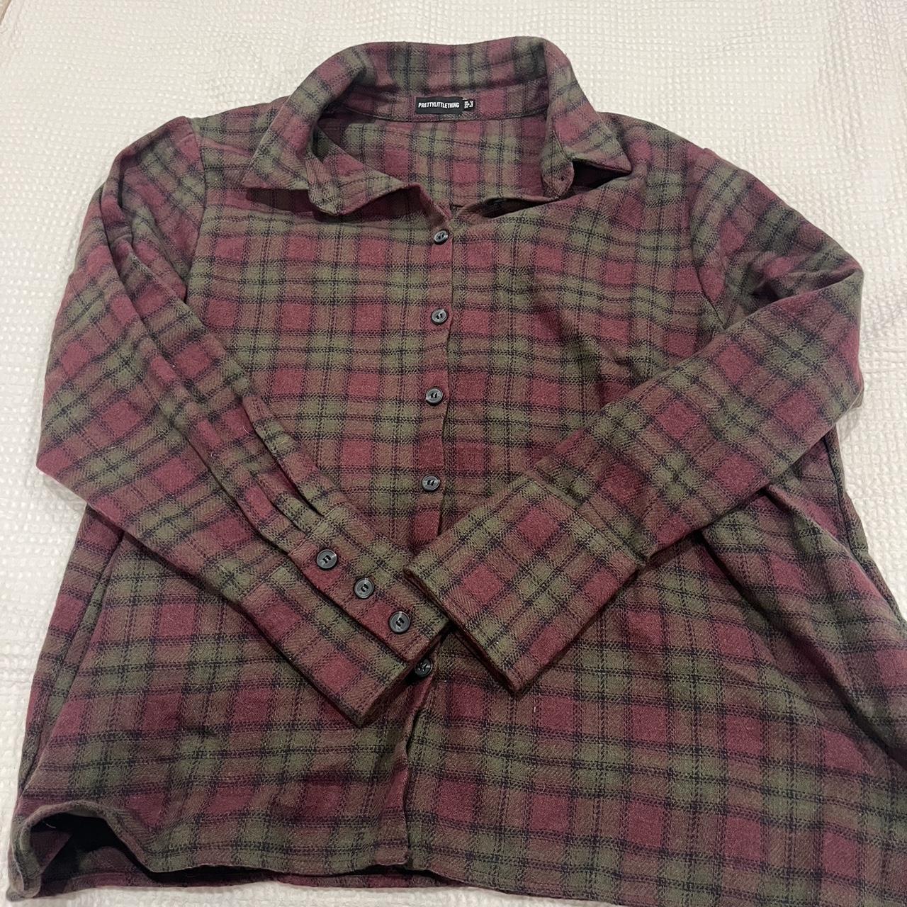 Maroon and green button up flannel shacket. Pretty... - Depop