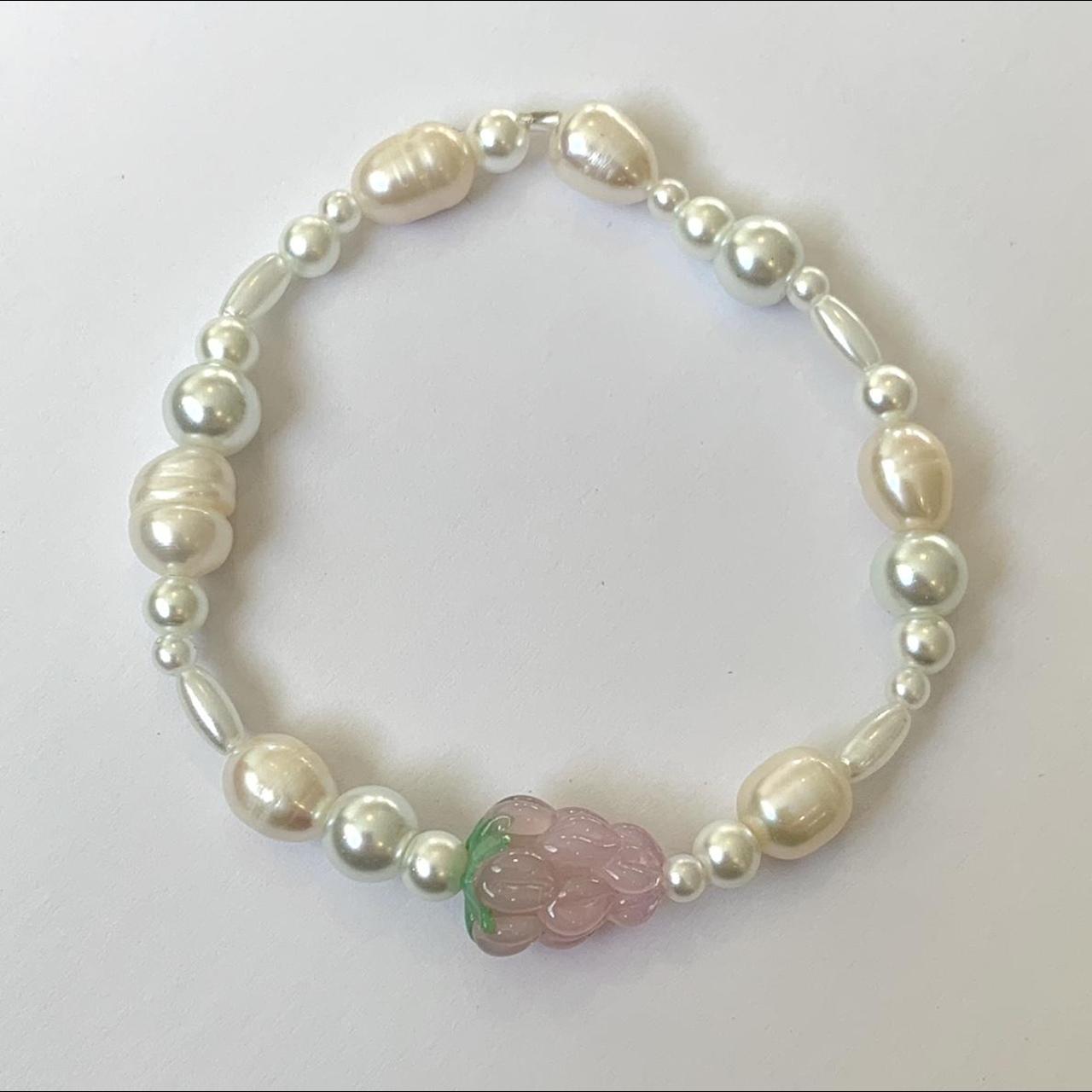 handmade raspberry beaded charm bracelet made with... - Depop