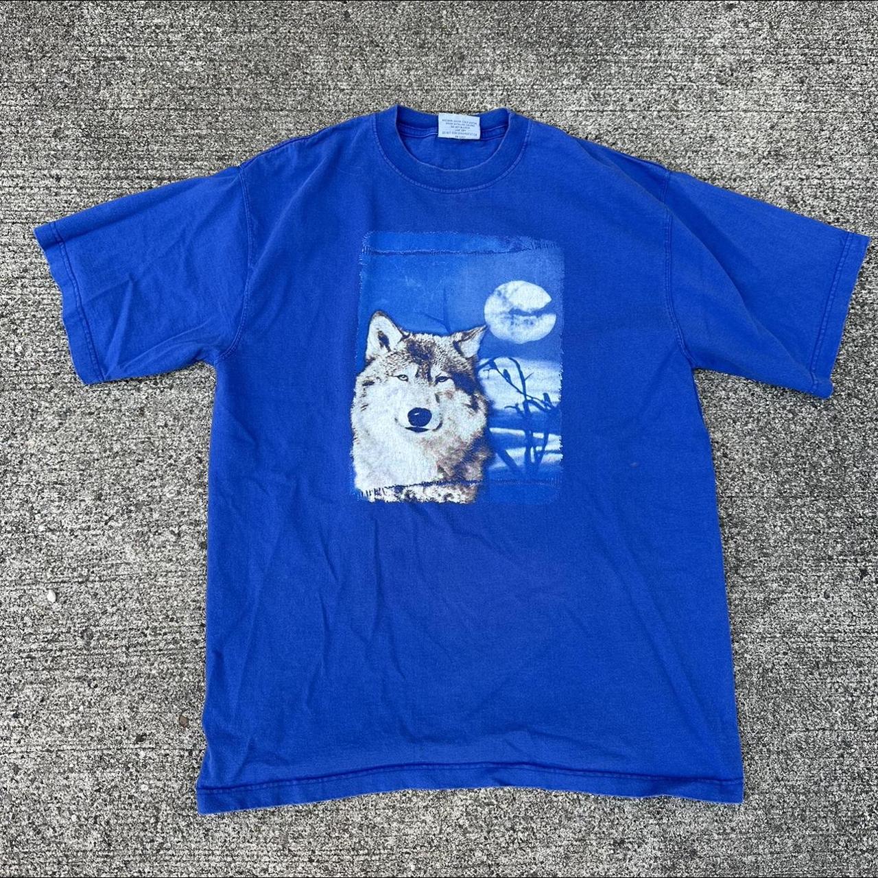 Blue Y2K Wolf Graphic Shirt 22.5x30 - Depop